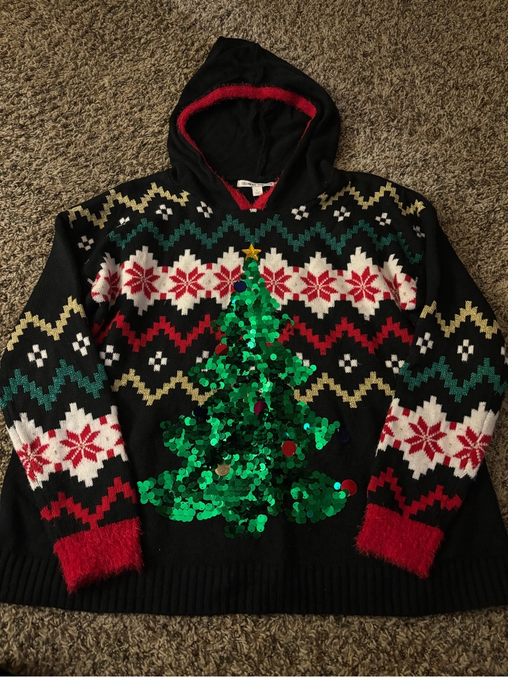 Women’s Black Hooded Holiday Sweater with Green Sequin Christmas Tree